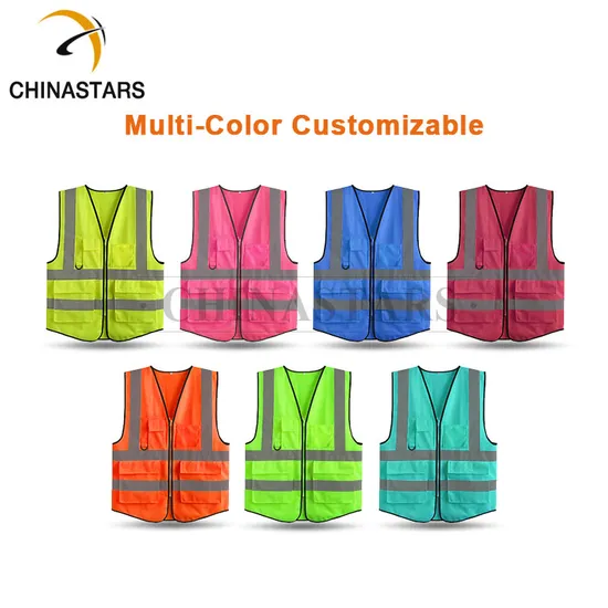Safety Class 2 High Visibility Zipper Front Reflective Vest with Multi Pockets 